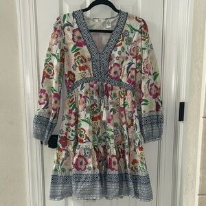 Kaktus Tiered Boho Cottagecore Floral V-Neck Beaded Long Sleeve Mini Dress